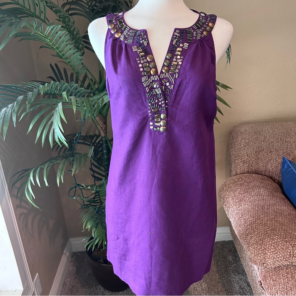 New York and Co sleeveless beaded linen blend dress